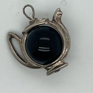 Sterling Silver Teapot Pendant with Black Stone